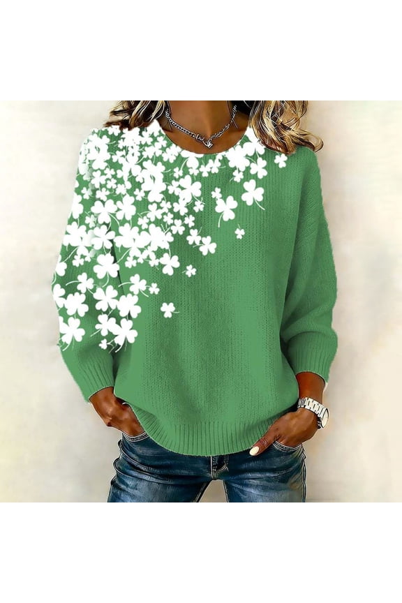 St Patricks Day Sweater Women Shamrock Irish Graphic Sweaters Loose Fit Crew Neck Long Sleeve Pullover Holiday Knitted Tops Green M