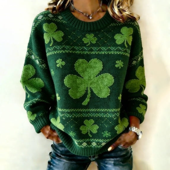 FASHOFT St Patricks Day Sweater Women Shamrock Irish Print Sweaters Loose Fit Crew Neck Long Sleeve Pullover Holiday Knitted Tops Dark Green XXXXL