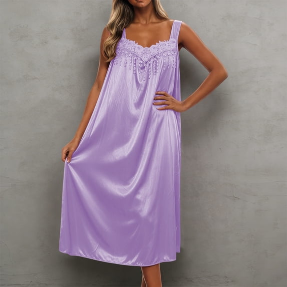 FASHOFT Summer Nightgowns for Women Silk Satin Lace Long Night Gown Victorian Sleeveless Sleep Dress Soft Night Dress Womens Sleepwear Light Purple