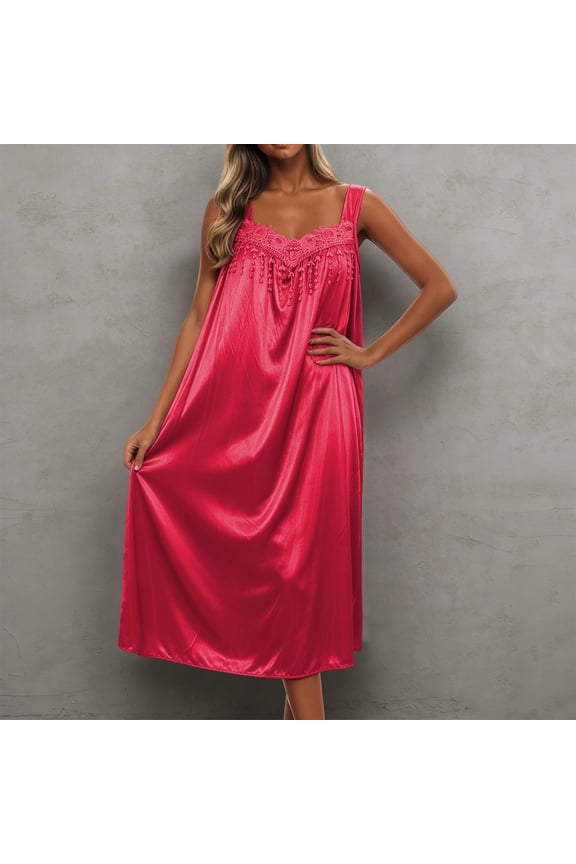 Summer Nightgowns for Women Silk Satin Lace Trim Long Night Gown Victorian Sleeveless Sleep Dress Soft Night Dress Womens Sleepwear Red
