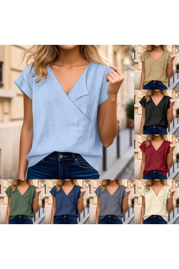 Summer Solid Loose V Neck Cotton Linen Women's Top Shirt Blouse Casual Soft Breathable Flowy Black L
