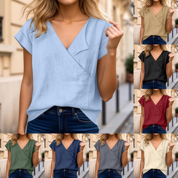 FASHOFT Summer Solid Loose V Neck Cotton Linen Women's Top Shirt Blouse Casual Soft Breathable Flowy Green L