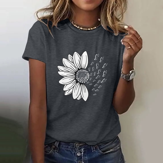FASHOFT Sunflower Graphic Tees for Women Boho Flowers Shirts Tops Cute Summer Vintage Short Sleeve Holiday T Shirt Dark Gray XL