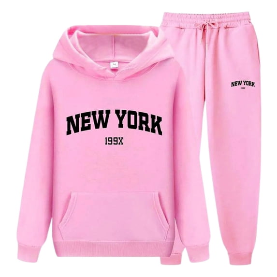 FASHOFT Sweat Suits for Womens 2 Piece Fall Outfits Set New York Letter Print Hoodies and Sweatpants Sweatsuit Athletic Lounge Sets Pink XXL