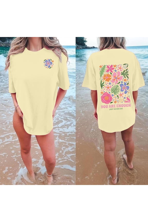 T Shirt Beach Oversized Graphic Tees for Women Vintage Adventure Shirts Baggy Summer Cotton Vacation Tops Beige M