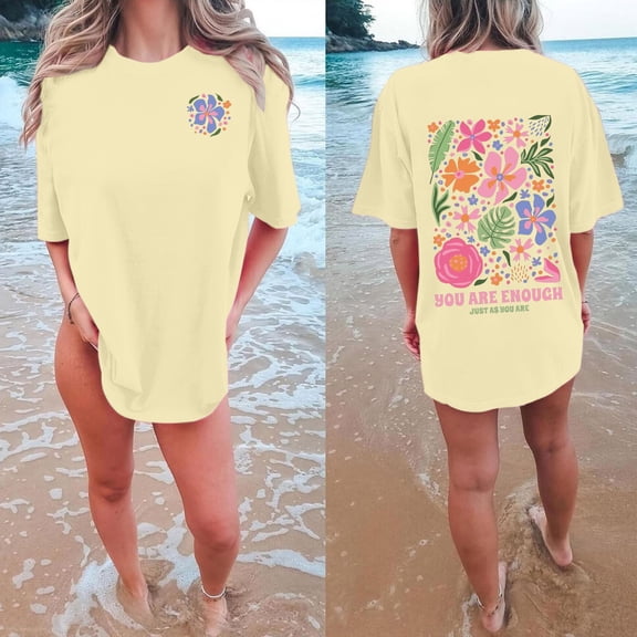 FASHOFT T Shirt Beach Oversized Graphic Tees for Women Vintage Adventure Shirts Baggy Summer Cotton Vacation Tops Beige S