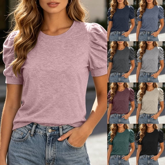 FASHOFT T Shirts For Women Crew Neck Bubble Sleeve Tops Solid Short Sleeve Sweet Casual Summer Tops GY2 XL