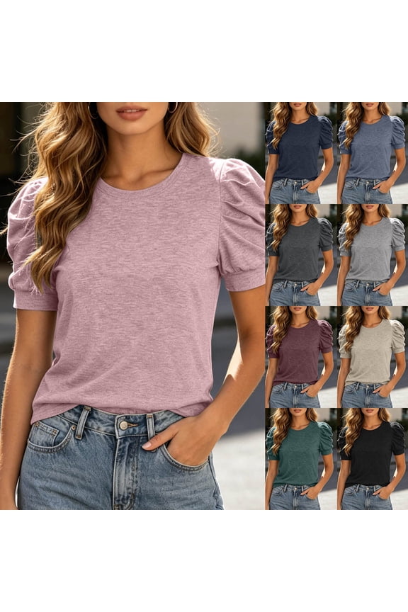 T Shirts For Women Crew Neck Bubble Sleeve Tops Solid Short Sleeve Sweet Casual Summer Tops Red S