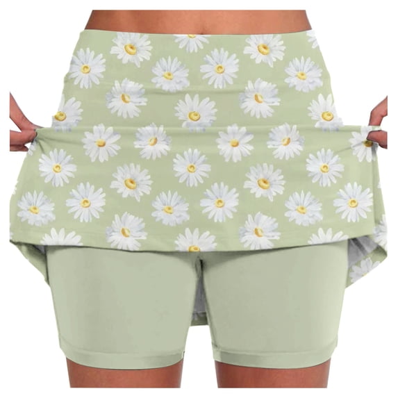 FASHOFT Tennis Skirt For Women Floral Printed Double Layer Skort With Pockets Elastic For Fitness And Casual Sports Wear Womens Athletic Skirts Green