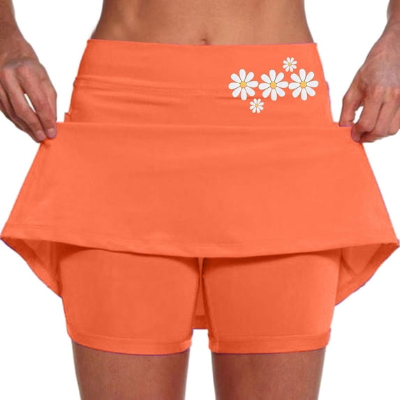 FASHOFT Tennis Skirts For Women Mid Rise Fake Two Piece Sports Skort With Pockets Elastic For Outdoor Activities And Daily Wear Womens Athletic Skirt Orange