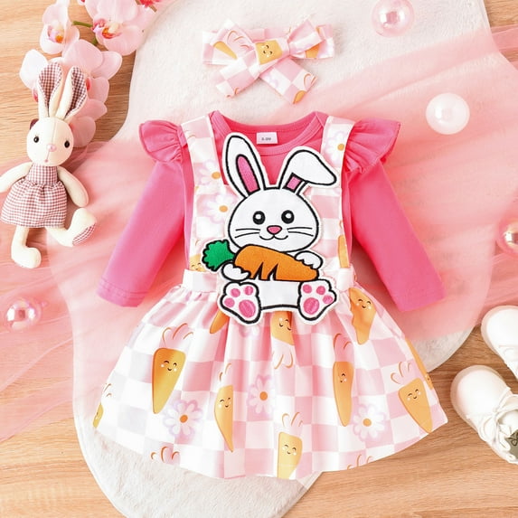 FASHOFT Toddler Baby Girl Easter Outfit Ruffle Long Sleeve Romper Rabbit Prints Skirts with Headbands 3 Piece Spring Outfits Hot Pink 3-6 Months