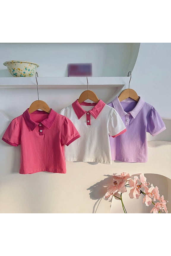 Toddler Girl Graphic Tees Contrast Color Preppy Style Lapel Polo Shirts Smart Elegant Casual Collared Tops Wearable Outdoor Party Girl Clothing Toddler Girl Summer Tops Dark Purple 2-3 Years