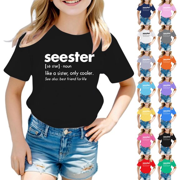 FASHOFT Toddler Girl Shirts Fashion Letter Element Printed Crew Neck Short Sleeve Soft Relaxed Fit Simple Stylish Kids Daily Basic Casual Tops Toddler Girl Tops Blue 2-3 Years