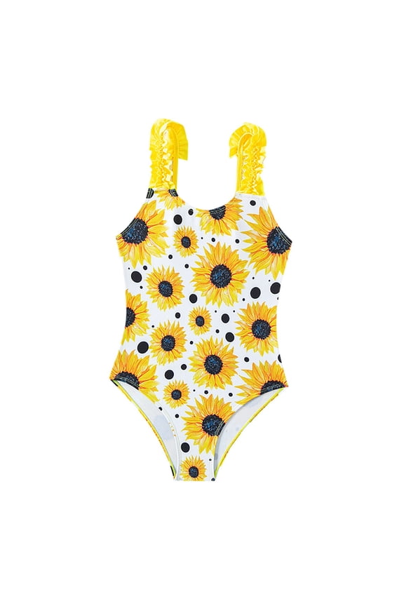 Toddler Girls Floral Print Bikini Top Ruffle Sleeve Quick Dry For Beach Pool And Swimming Wear Girls Swim Suits Yellow 5-6 Years