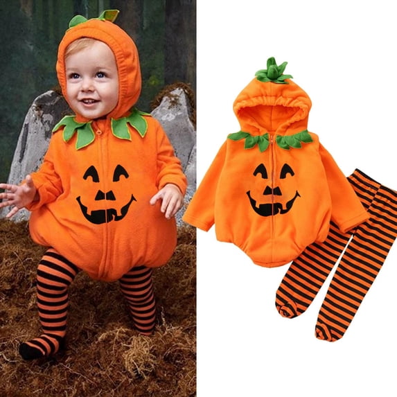 FASHOFT Toddler Halloween Costumes Pumpkin Face Long Sleeve Zip Up Hooded Romper With Striped Pants Fall Spring Infant One Piece Outfit Set Baby Halloween Outfit Orange 0-6 Months