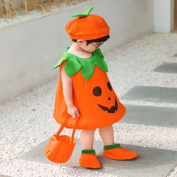 FASHOFT Toddler Halloween Costumes Sleeveless Pumpkin Shape Top With Hat Socks Shoes Set Unisex Kids Cosplay Outfit For 0-4 Years Holiday Party Kids Halloween Dress Up Orange 12-18 Months