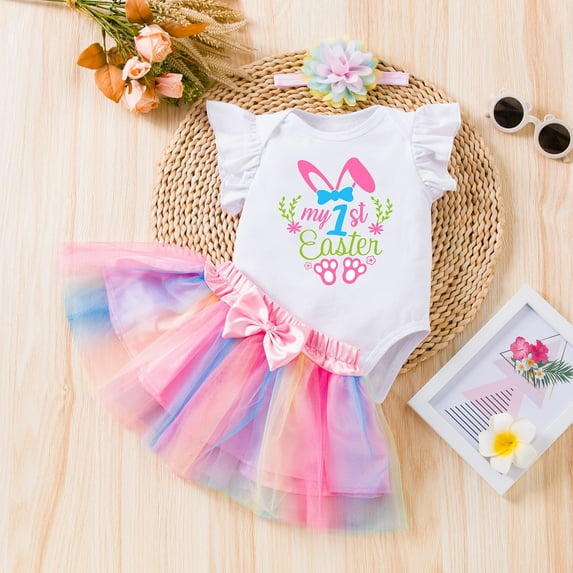 FASHOFT Toddler Baby Girl Easter Outfit Ruffle Sleeve Cartoon Print Romper Bow Tie Skirts Headbands 3 Piece Holiday Casual Outfits Set B 6-9 Months