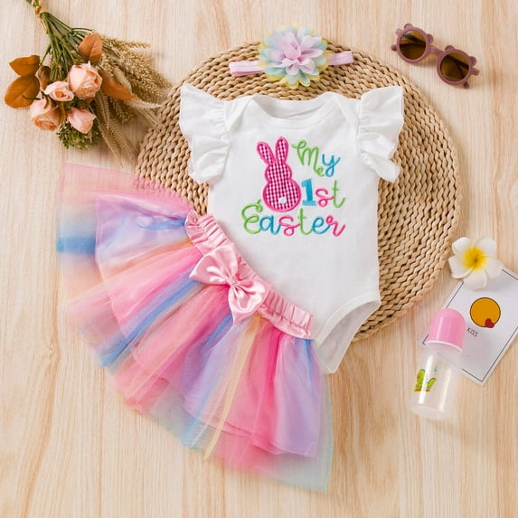 FASHOFT Toddler Baby Girl Easter Outfit Ruffle Sleeve Letter Print Romper Bow Tie Skirts Headbands 3 Piece Holiday Casual Outfits Set Pink 18-24 Months