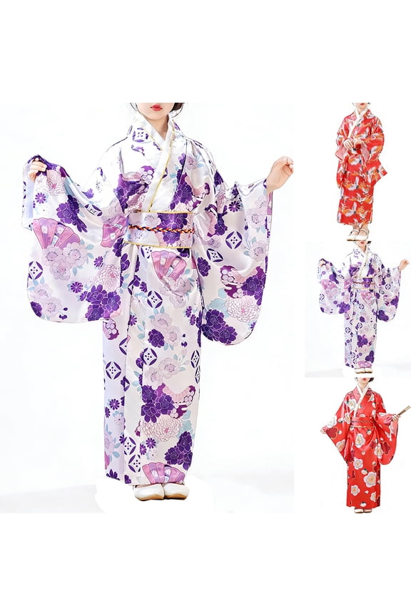 Toddler Kids Girls Kimono Style Japanese Yukata Casual Summer Dress For Kids Daily And Party Wear Girls Dresses Purple 3-4 Years