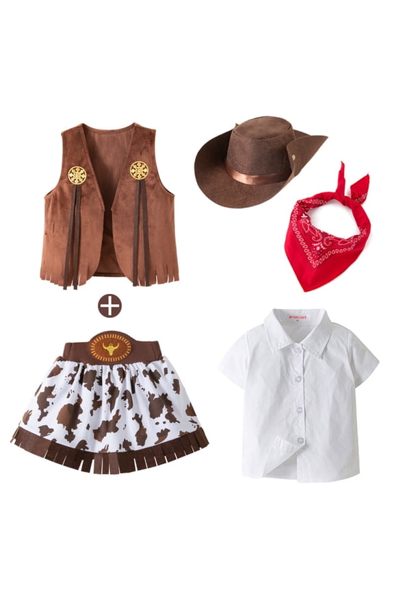 Toddler Kids Girls Western Cowboy Skirt And Top Two Piece Set For Kids Daily And Party Wear Girls Outfits Brown 6-7 Years
