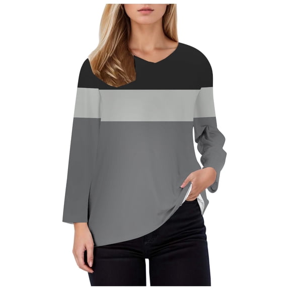 FASHOFT Trendy Long Sleeve Shirts for Women Color Block Casual Loose Fit Soft Sweatshirt Spring Fall V Neck Tops Dark Gray L
