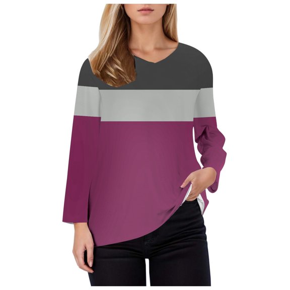 FASHOFT Trendy Long Sleeve Shirts for Women Color Block Casual Loose Fit Soft Sweatshirt Spring Fall V Neck Tops Purple L