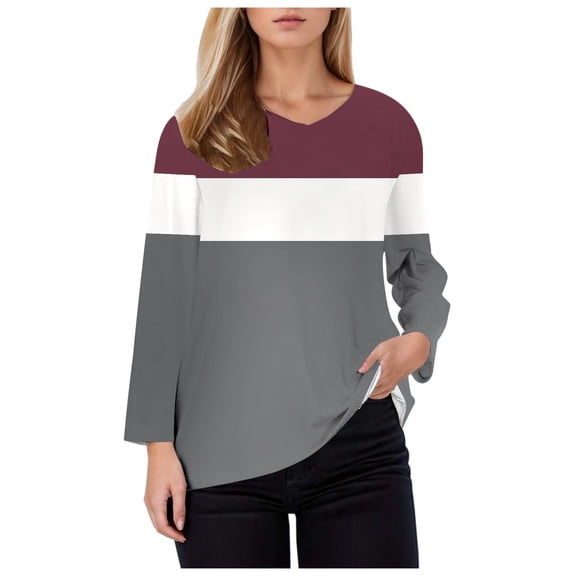 FASHOFT Trendy Long Sleeve Shirts for Women Color Block Casual Loose Fit Soft Sweatshirt Spring Fall V Neck Tops L
