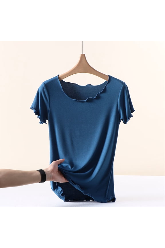 Tshirts For Women Ruffle Edge Crew Neck Tee Short Sleeve Thin Inner Blouse Navy XXL