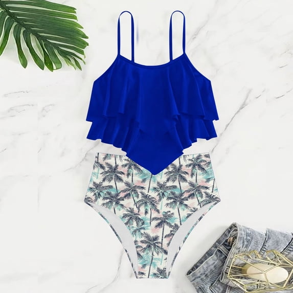 FASHOFT Two Piece Swimsuits for Girls Tiered Ruffle Adjustable Straps Bathing Suit Floral Print Girl's Swimwear Blue 11-12 Years