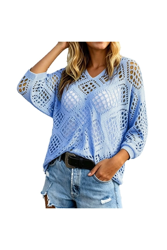 V Neck Knit Cover ups for Women Diamond Hollow Out Batwing Sleeve Sweater Lightweight Loose Knit Tunic Top For Women Spring And Autumn Blouse Blue