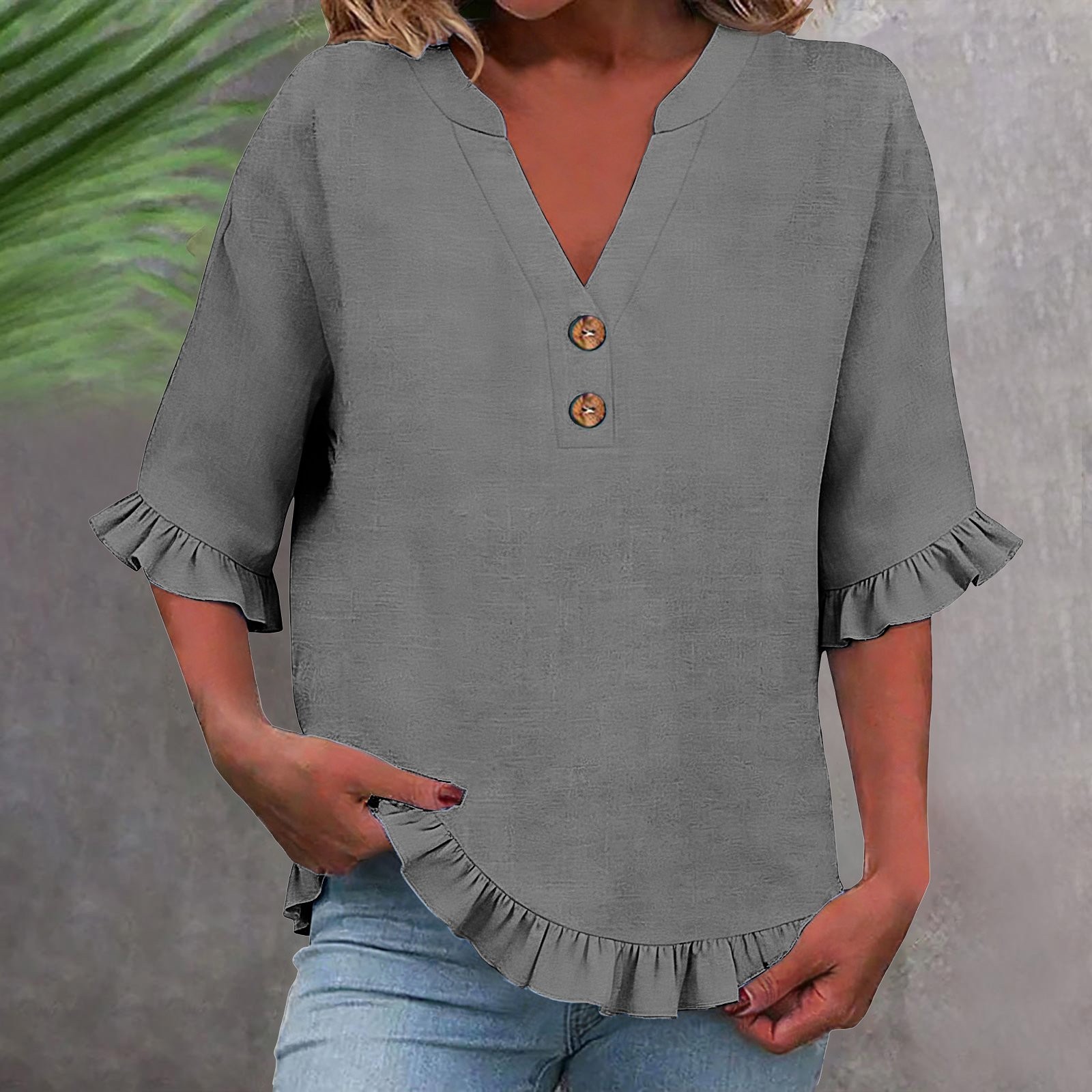 FASHOFT V Neck Linen Shirts for Women Button Down Blouse Half Sleeve ...