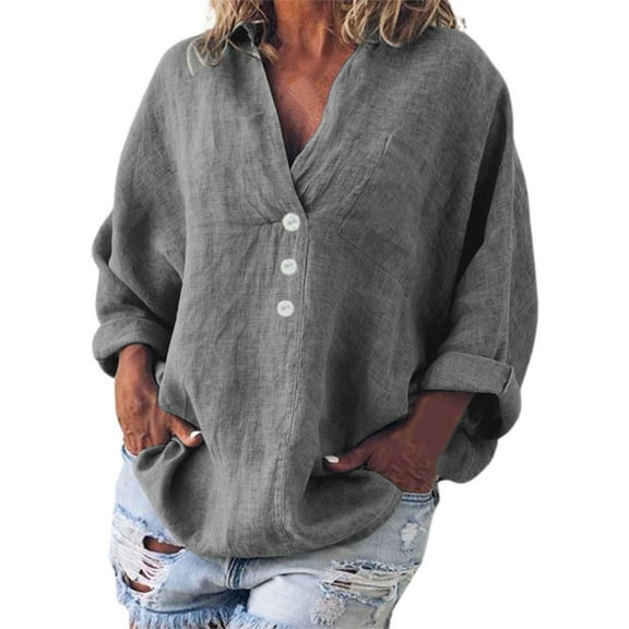 FASHOFT V Neck Long Sleeve Shirts For Women Casual Loose Round Cute Solid Color Long Version Tops Casual Soft Basic Blouses Grey L