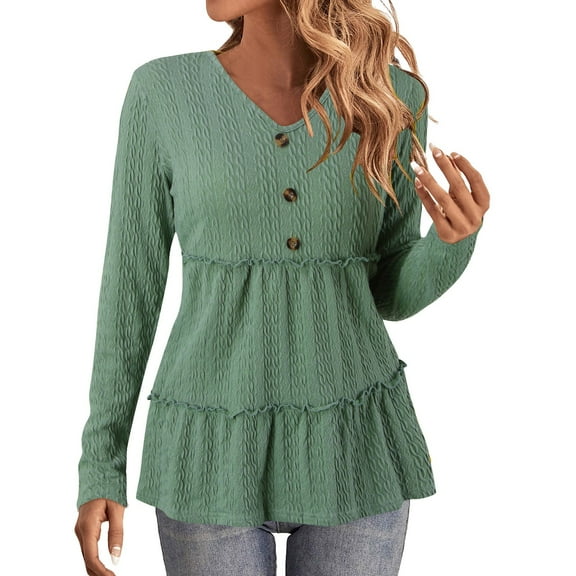 FASHOFT V Neck Long Sleeve Shirts For Women Casual Peplum Knit Ruffle Hem Tunic Fall Winter 2023 Tops Casual Basic Soft Blouses Green L