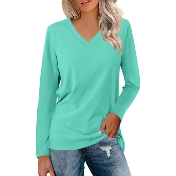 FASHOFT V Neck Long Sleeve Shirts For Women Solid Color Casual Tops Casual Business Blouses Mint Green L