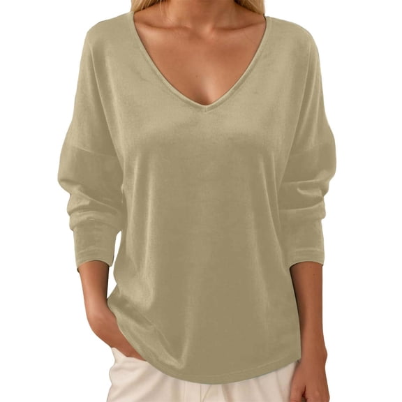 FASHOFT V Neck T Shirts for Women Velvet Tops Long Sleeve Casual Dressy Pullover Velour Soft Tunic Blouses Beige L