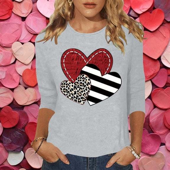 FASHOFT Valentinas Day Shirts for Women Crewneck 3/4 Sleeve T-Shirts Spring Love Heart Graphic Tee Tops Valentines Day Gifts for Her Grey L