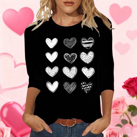 FASHOFT Valentine Shirts for Women 3/4 Sleeve Crew Neck Love Heart Printed Graphic Tee Tops Valentines Day Gifts for Her Black L