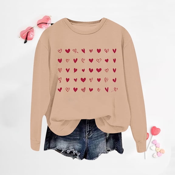 FASHOFT Valentine Sweatshirts for Women Lover Letter Print Crewneck Pullover Sweaters Long Sleeve Oversized Tops Khaki S
