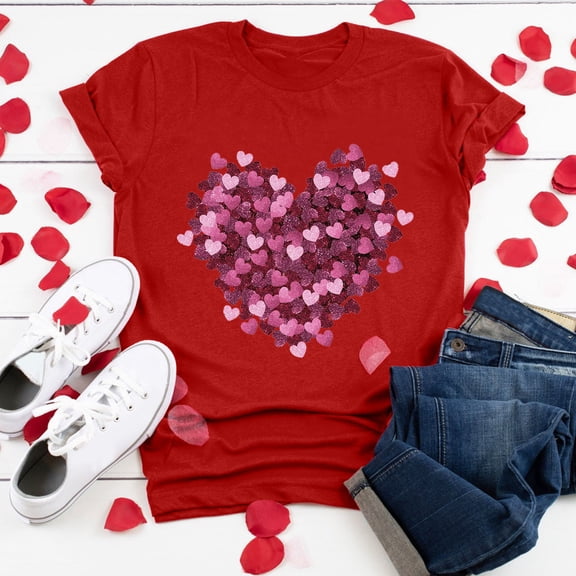 FASHOFT Valentine's Day Graphic Tees for Women Short Sleeve Love Heart Print Shirts Casual Blouse Tops Red M
