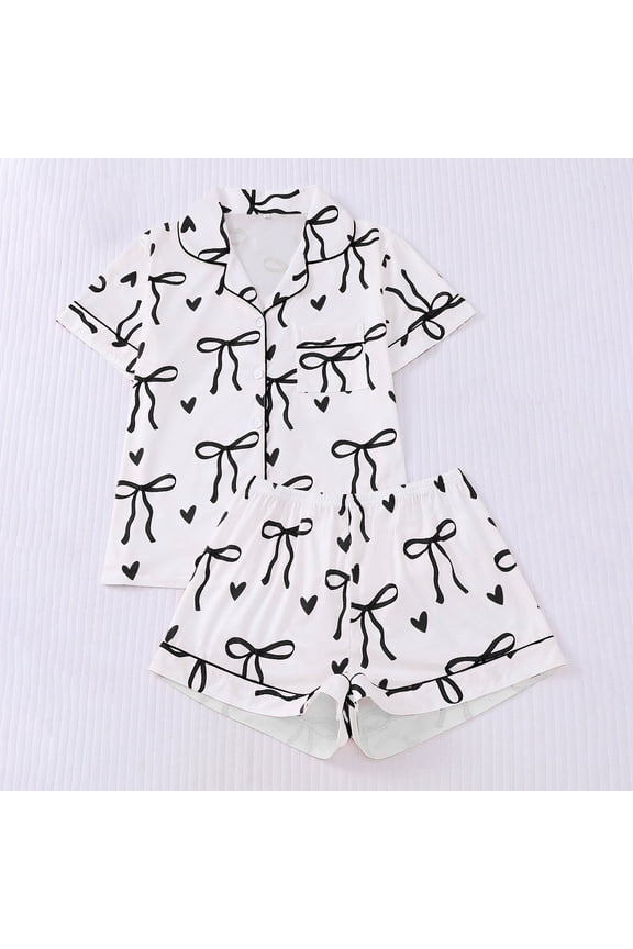 Valentine's Day Pajamas for Women Set Bow Printing Button Up Pjs Short Sleeve Ruffle Sleepwear Notch Collar Bride Soft Comfy Pj Lounge Sets Black XXL