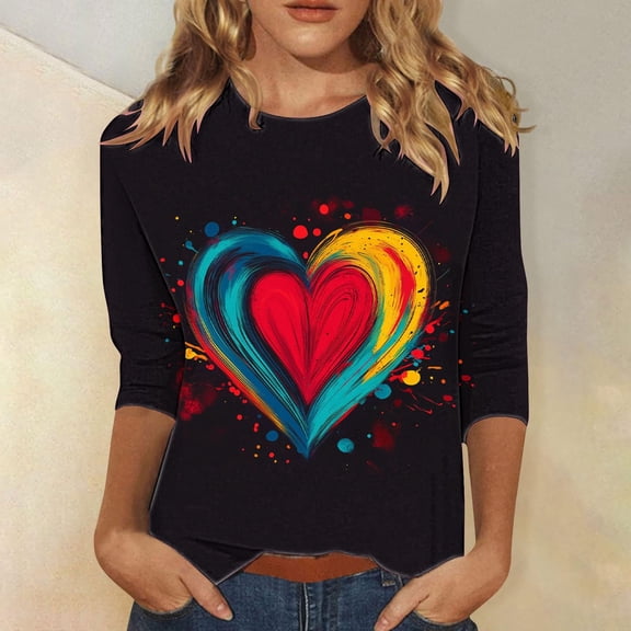 FASHOFT Valentine's Day Shirts for Women 3/4 Length Sleeve Tops Funny Love Heart Graphic Cute Crewneck Holiday T-Shirts Black M