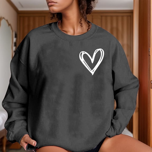 FASHOFT Valentine's Day Sweatshirt For Women Love Heart Printed Pullover Sweatshirt Cute Long Sleeve Crew Neck Casual Tops Dark Gray M