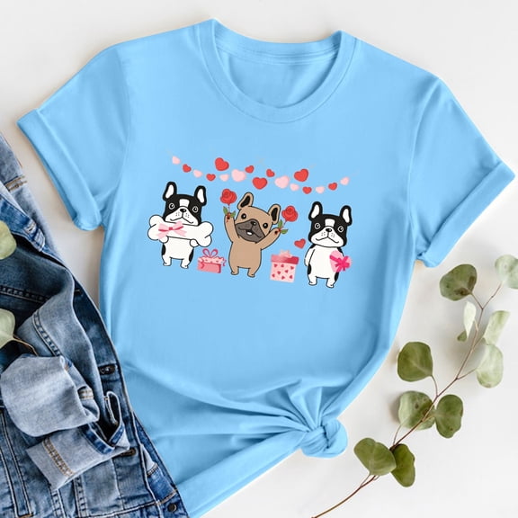 FASHOFT Valentine's Day T Shirts for Women Loves Heart Graphic Tees Casual Vacation Couple Short Sleeve Shirts Sweet Crew Neck Tops Light Blue M