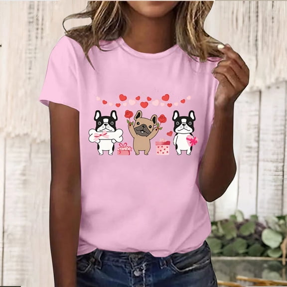 FASHOFT Valentine's Day T Shirts for Women Loves Heart Graphic Tees Casual Vacation Couple Short Sleeve Shirts Sweet Crew Neck Tops Pink M