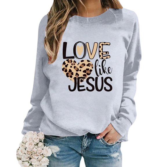 FASHOFT Valentine's Day Women's Funny Love Heart Graphic Sweatshirt Casual Long Sleeve Pullover Top Light Gray M
