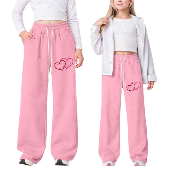 FASHOFT Valentines Day Baggy Sweatpants for Girls Love Heart Graphic Sweat Pants Lightweight Straight Leg Joggers with Pockets Pink