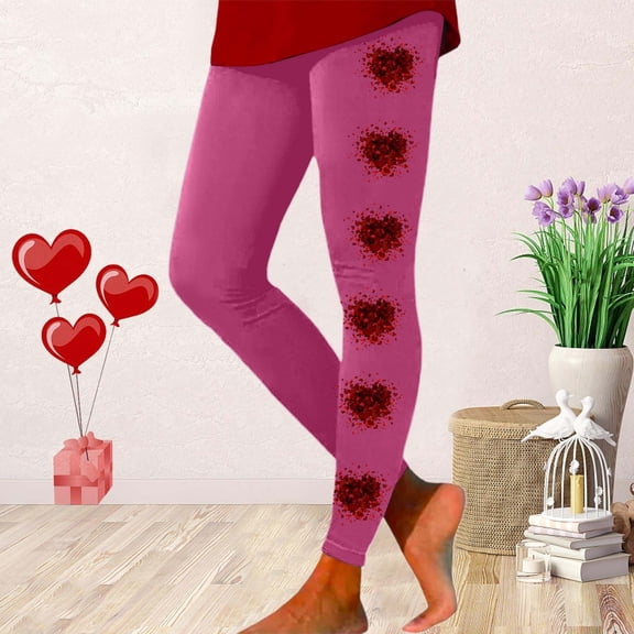 FASHOFT Valentines Day Leggings for Women Love Heart Print Yoga Pants High Waisted Athletic Legging Soft Stretchy Gym Legging Hot Pink M