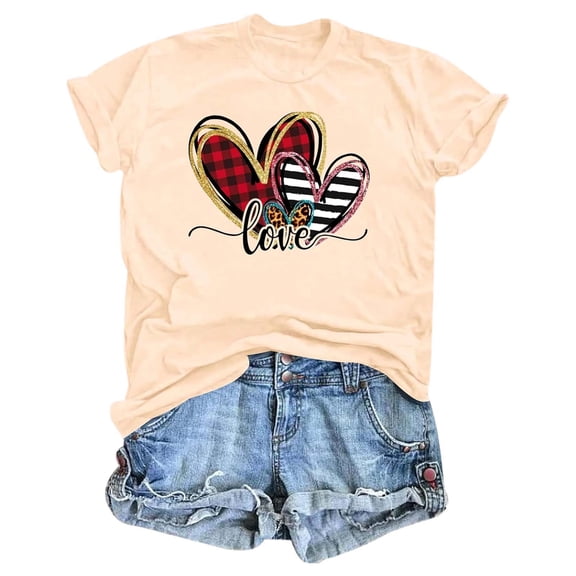 FASHOFT Valentines Day Shirts for Women Crewneck Love Heart Graphic Tees Girlfriend Valentines Gift Tshirt Short Sleeve Tee Tops Beige L
