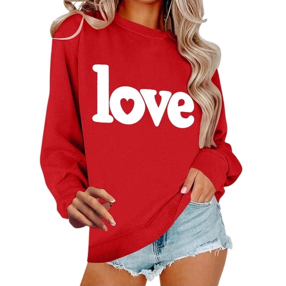 FASHOFT Valentines Day Sweatshirt for Women Love Heart Graphic Pullover Crewneck Long Sleeve Tops Valentine's Day Sweatshirts Red S