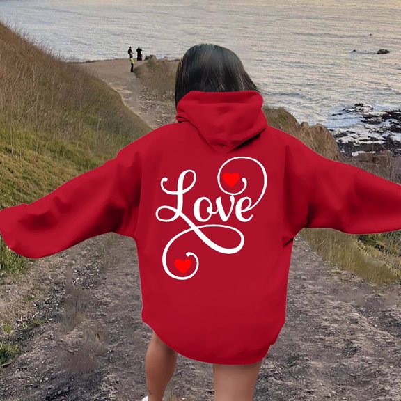 FASHOFT Valentines Graphic Hoodies for Women Love Heart Print Oversized Sweatshirt Long Sleeve Crewneck Pullover Funny Gifts Cute Tops Red L
